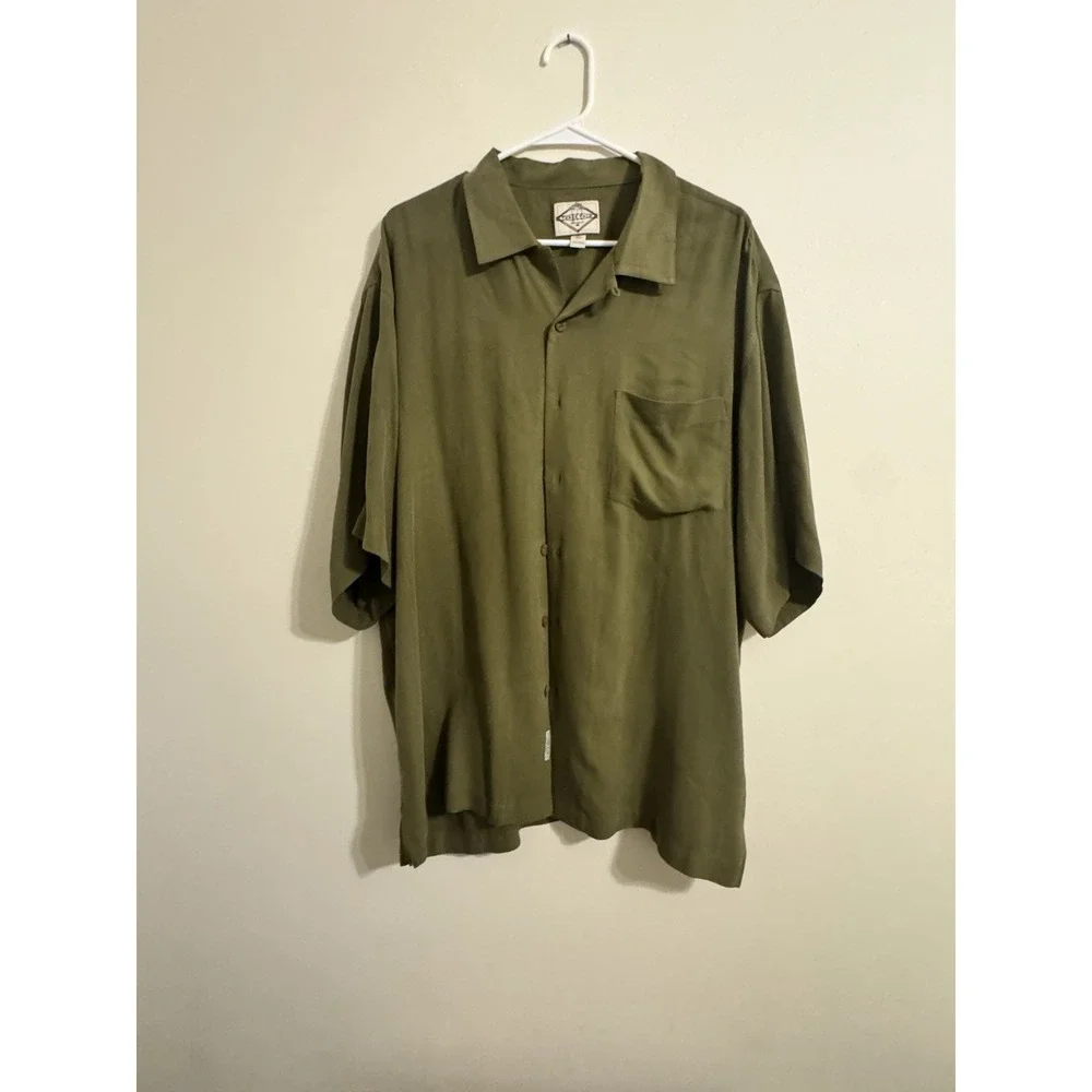 Men's Three Palm Green Silk Shirt Short Sleeve Button Up Vacation XL